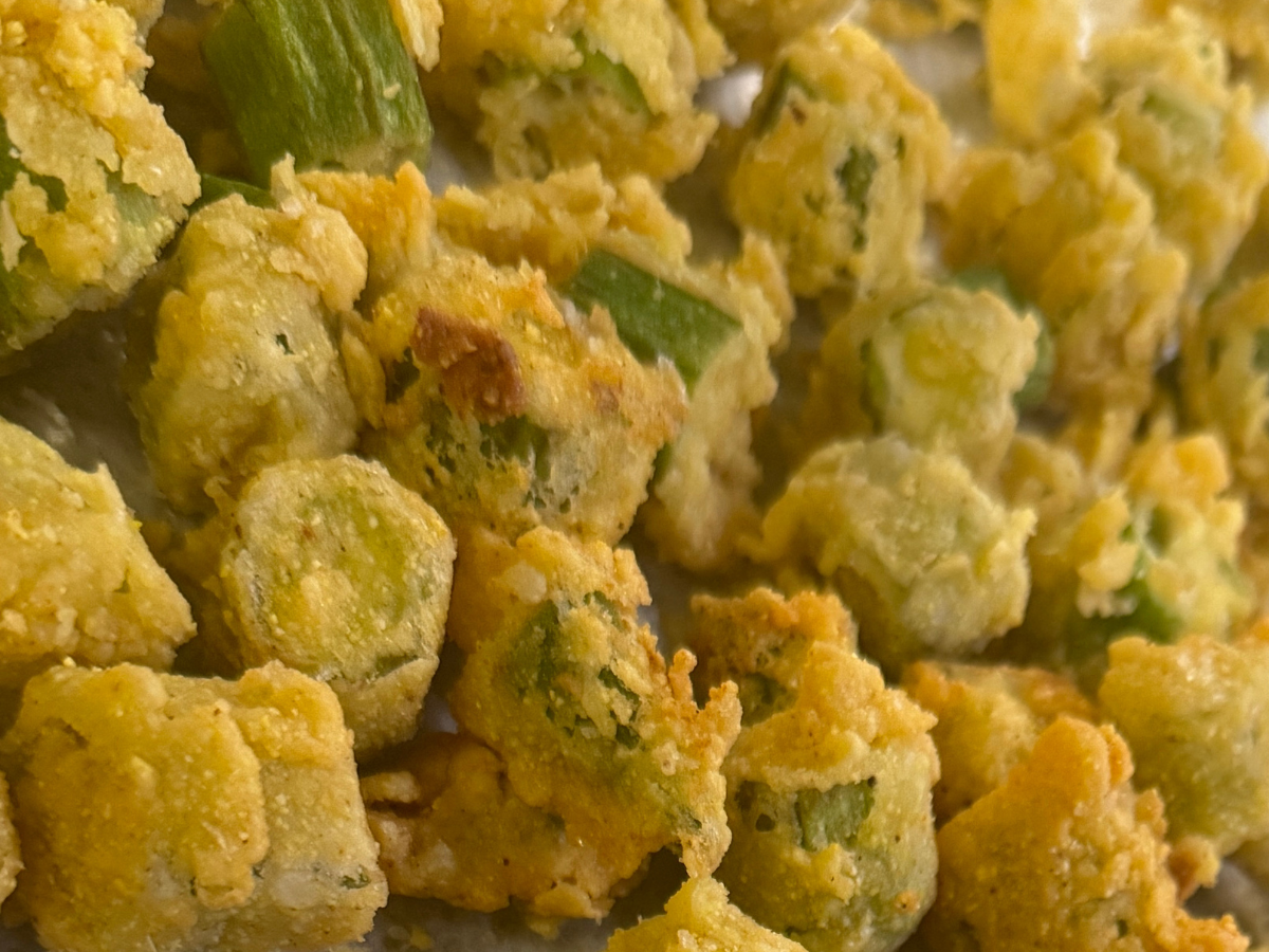 A plate of golden fried okra coins